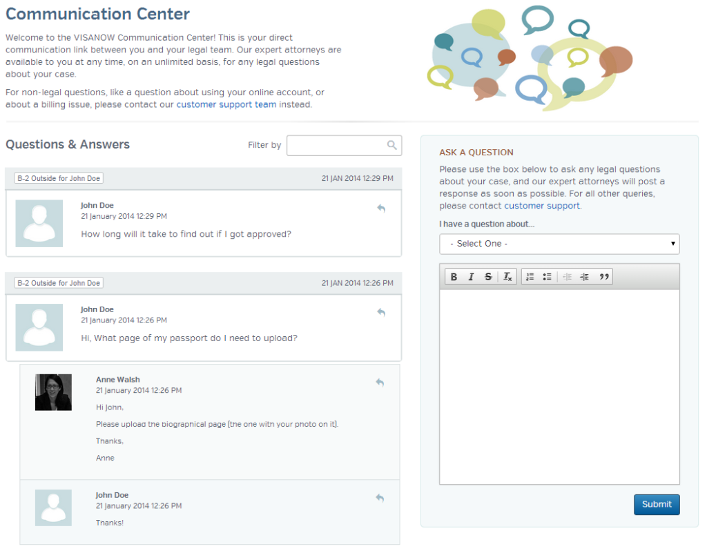 Communication Center for VISANOW's Web Application